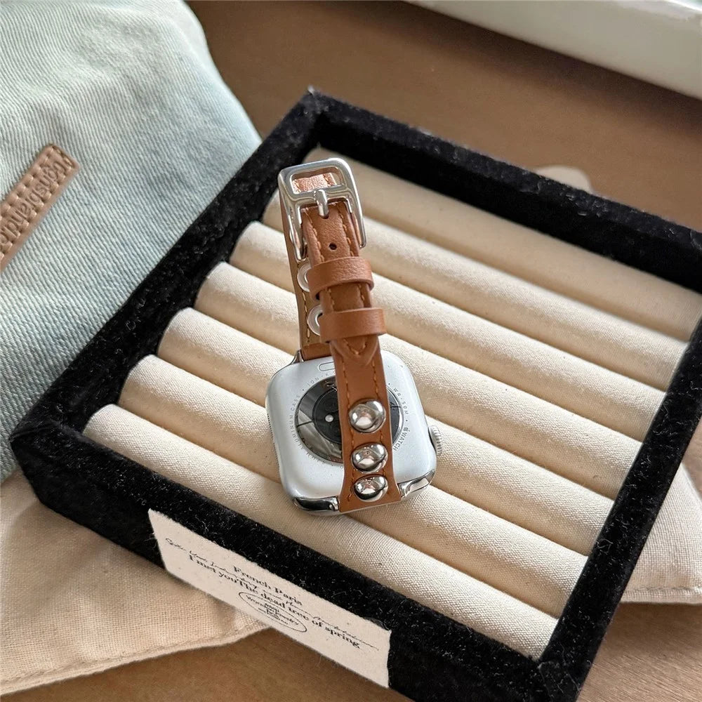 PU Leather Strap for Apple Watch Series 11 10 42mm  /  9 8 7 41mm  /  SE3 SE2 SE 6 5 4 40mm  /  3 2 1 38mm Rivet Studded Slim Watch Band - Dark Brown - 5