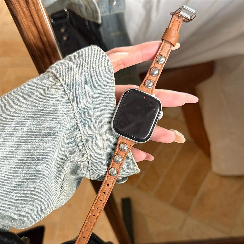 PU Leather Strap for Apple Watch Ultra 3 2 1 49mm  /  Series 11 10 46mm  /  9 8 7 45mm  /  SE3 SE2 SE 6 5 4 44mm  /  3 2 1 42mm Rivet Studded Slim Watch Band - Dark Brown - 3