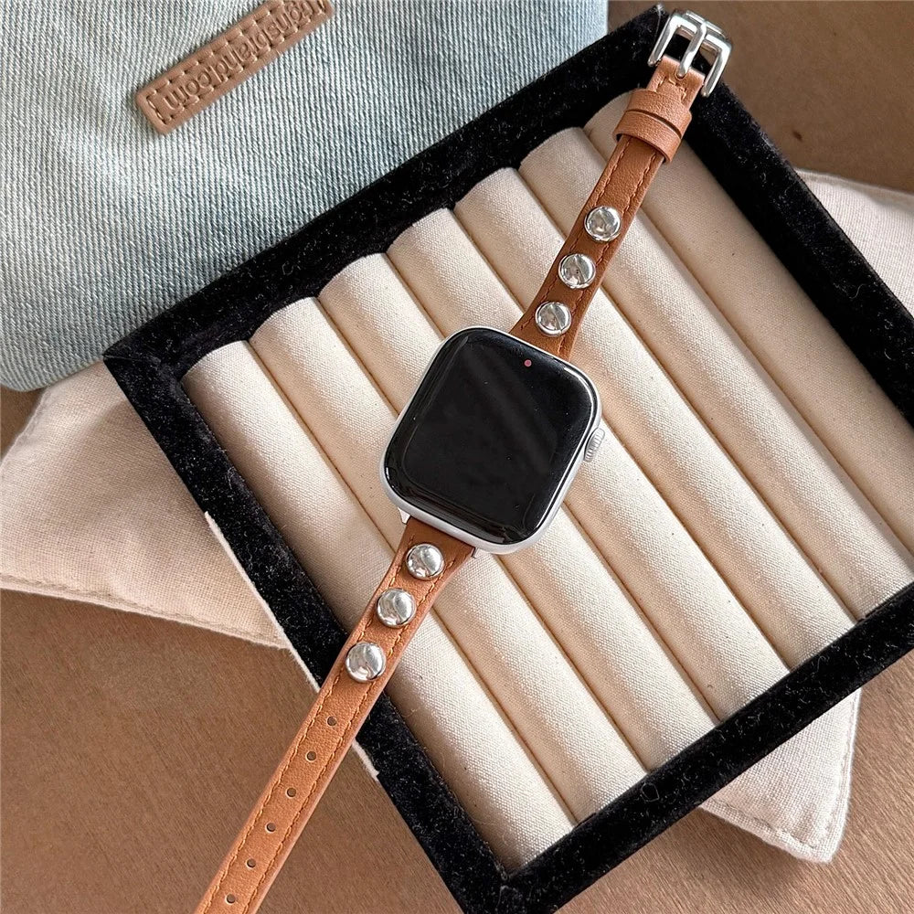 PU Leather Strap for Apple Watch Ultra 3 2 1 49mm  /  Series 11 10 46mm  /  9 8 7 45mm  /  SE3 SE2 SE 6 5 4 44mm  /  3 2 1 42mm Rivet Studded Slim Watch Band - Dark Brown - 7