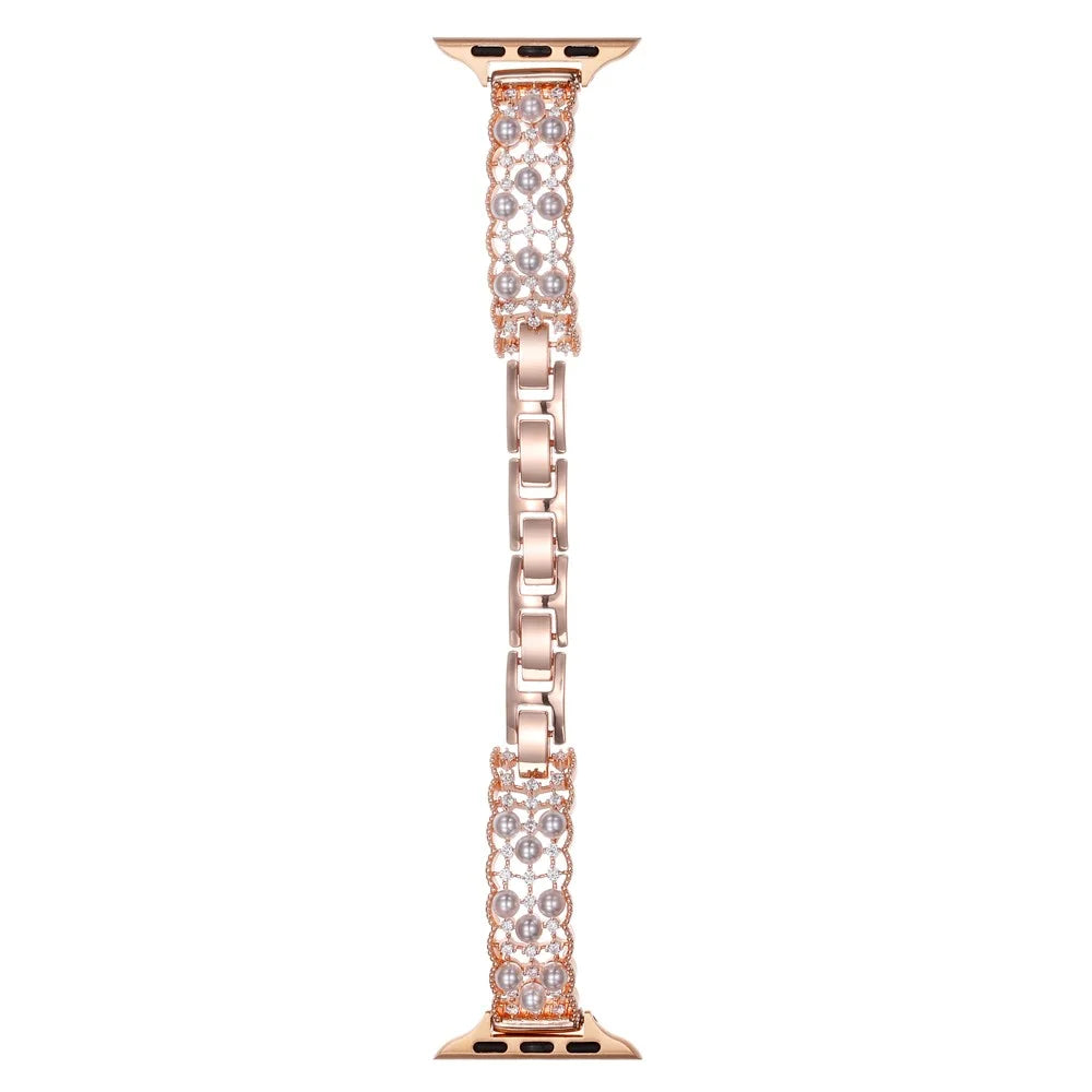 Strap for Apple Watch Series 11 10 42mm  /  9 8 7 41mm  /  SE3 SE2 SE 6 5 4 40mm  /  3 2 1 38mm Luxury Copper Bracelet Strap with Faux Pearl Zircon Decor - Rose Gold - 1
