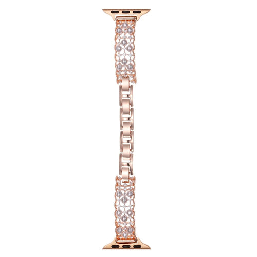 Strap for Apple Watch Series 11 10 42mm  /  9 8 7 41mm  /  SE3 SE2 SE 6 5 4 40mm  /  3 2 1 38mm Luxury Copper Bracelet Strap with Faux Pearl Zircon Decor - Rose Gold - 1
