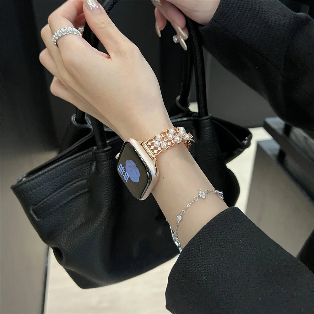 Strap for Apple Watch Series 11 10 42mm  /  9 8 7 41mm  /  SE3 SE2 SE 6 5 4 40mm  /  3 2 1 38mm Luxury Copper Bracelet Strap with Faux Pearl Zircon Decor - Rose Gold - 4