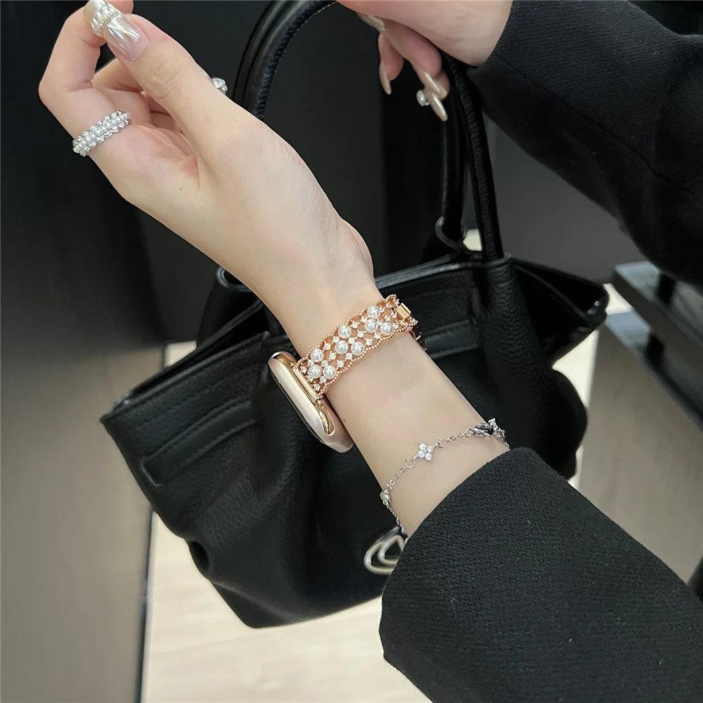 Strap for Apple Watch Series 11 10 42mm  /  9 8 7 41mm  /  SE3 SE2 SE 6 5 4 40mm  /  3 2 1 38mm Luxury Copper Bracelet Strap with Faux Pearl Zircon Decor - Rose Gold - 6