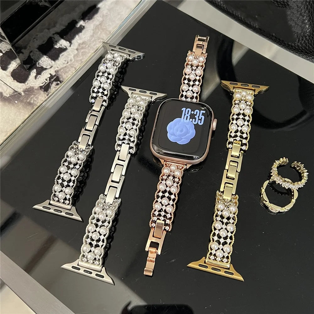 Strap for Apple Watch Series 11 10 42mm  /  9 8 7 41mm  /  SE3 SE2 SE 6 5 4 40mm  /  3 2 1 38mm Luxury Copper Bracelet Strap with Faux Pearl Zircon Decor - Rose Gold - 7