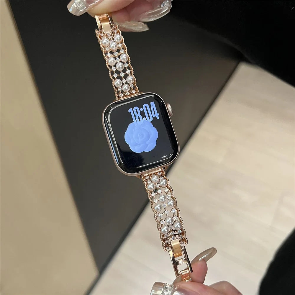 Strap for Apple Watch Ultra 3 2 1 49mm  /  Series 11 10 46mm  /  9 8 7 45mm  /  SE3 SE2 SE 6 5 4 44mm  /  3 2 1 42mm Luxury Copper Bracelet Strap with Faux Pearl Zircon Decor - Rose Gold - 2