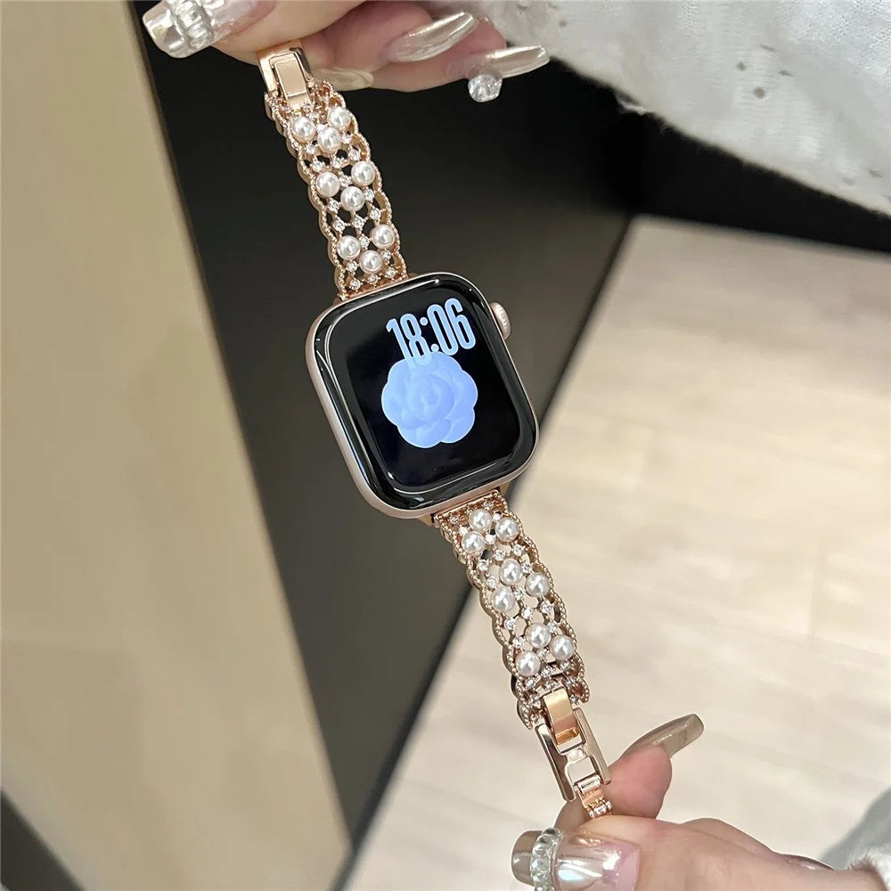 Strap for Apple Watch Ultra 3 2 1 49mm  /  Series 11 10 46mm  /  9 8 7 45mm  /  SE3 SE2 SE 6 5 4 44mm  /  3 2 1 42mm Luxury Copper Bracelet Strap with Faux Pearl Zircon Decor - Rose Gold - 3