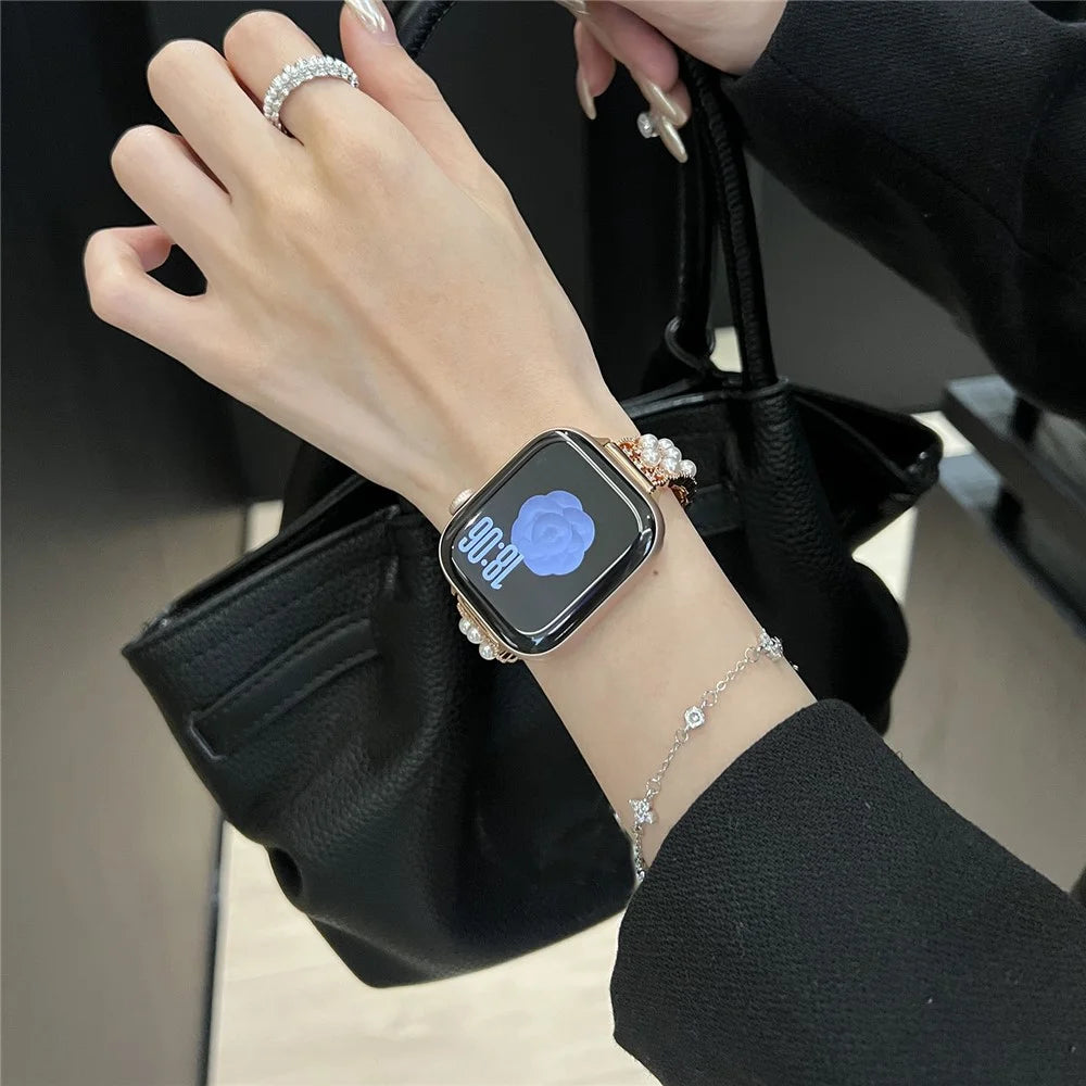 Strap for Apple Watch Ultra 3 2 1 49mm  /  Series 11 10 46mm  /  9 8 7 45mm  /  SE3 SE2 SE 6 5 4 44mm  /  3 2 1 42mm Luxury Copper Bracelet Strap with Faux Pearl Zircon Decor - Rose Gold - 5