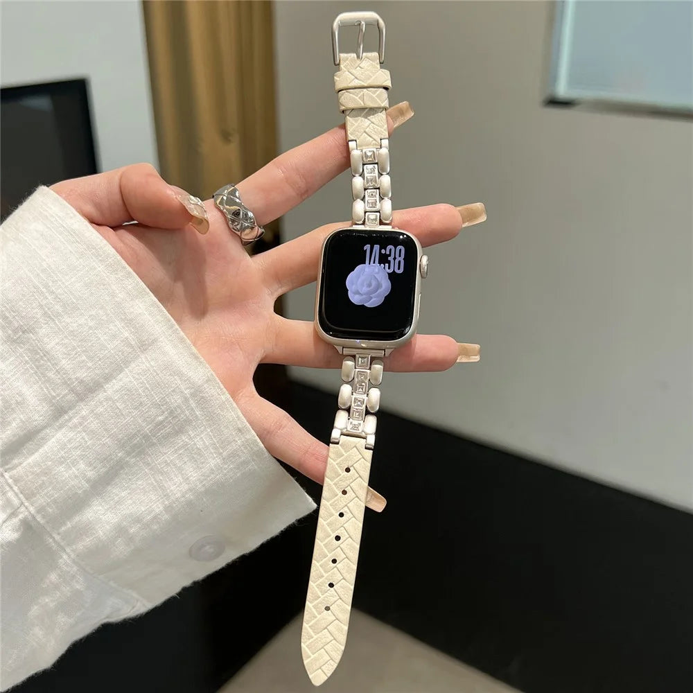 Genuine Cow Leather Strap for Apple Watch Series 11 10 42mm  /  9 8 7 41mm  /  SE3 SE2 SE 6 5 4 40mm  /  3 2 1 38mm Watch Band with Square Rhinestones - Starlight - 2