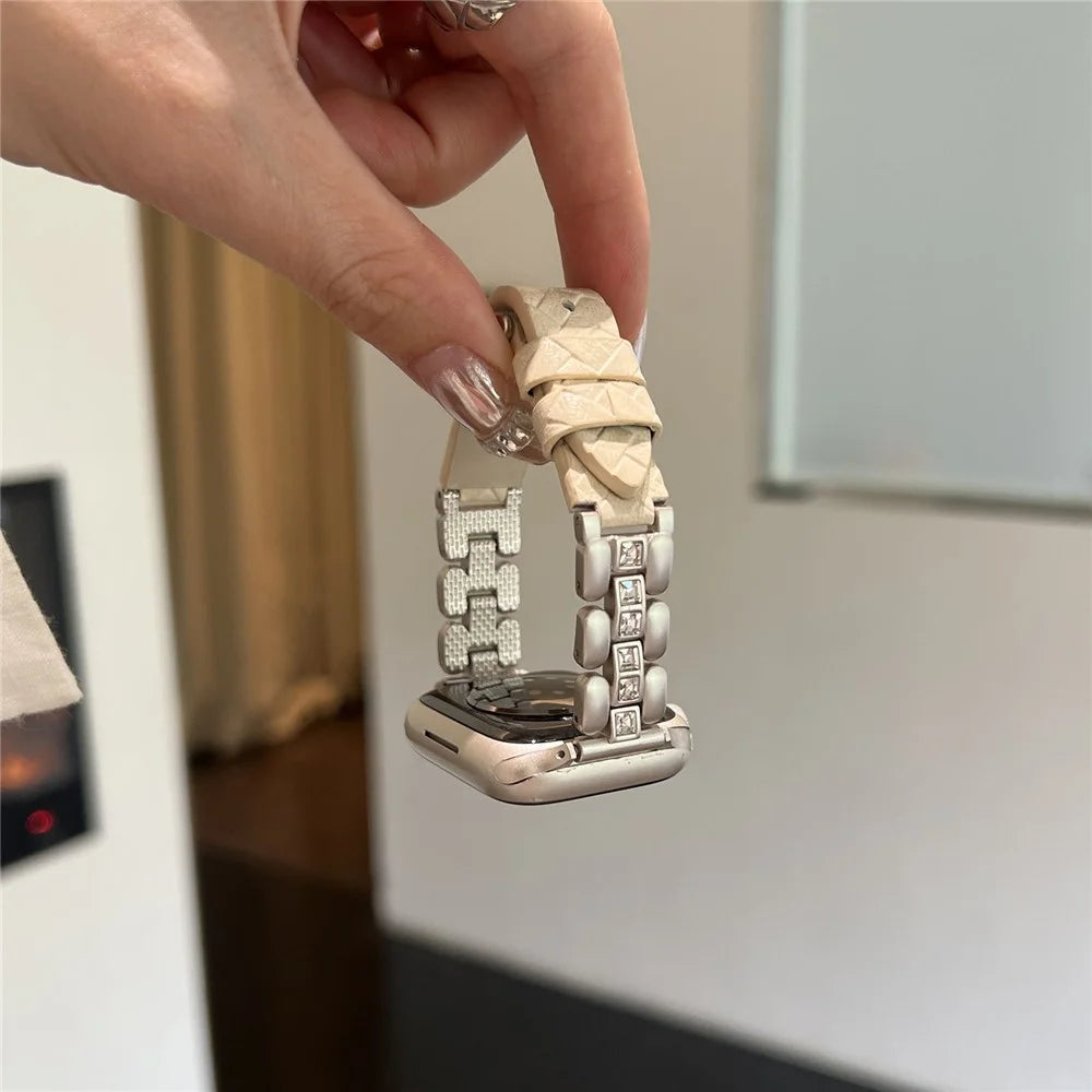 Genuine Cow Leather Strap for Apple Watch Series 11 10 42mm  /  9 8 7 41mm  /  SE3 SE2 SE 6 5 4 40mm  /  3 2 1 38mm Watch Band with Square Rhinestones - Starlight - 3