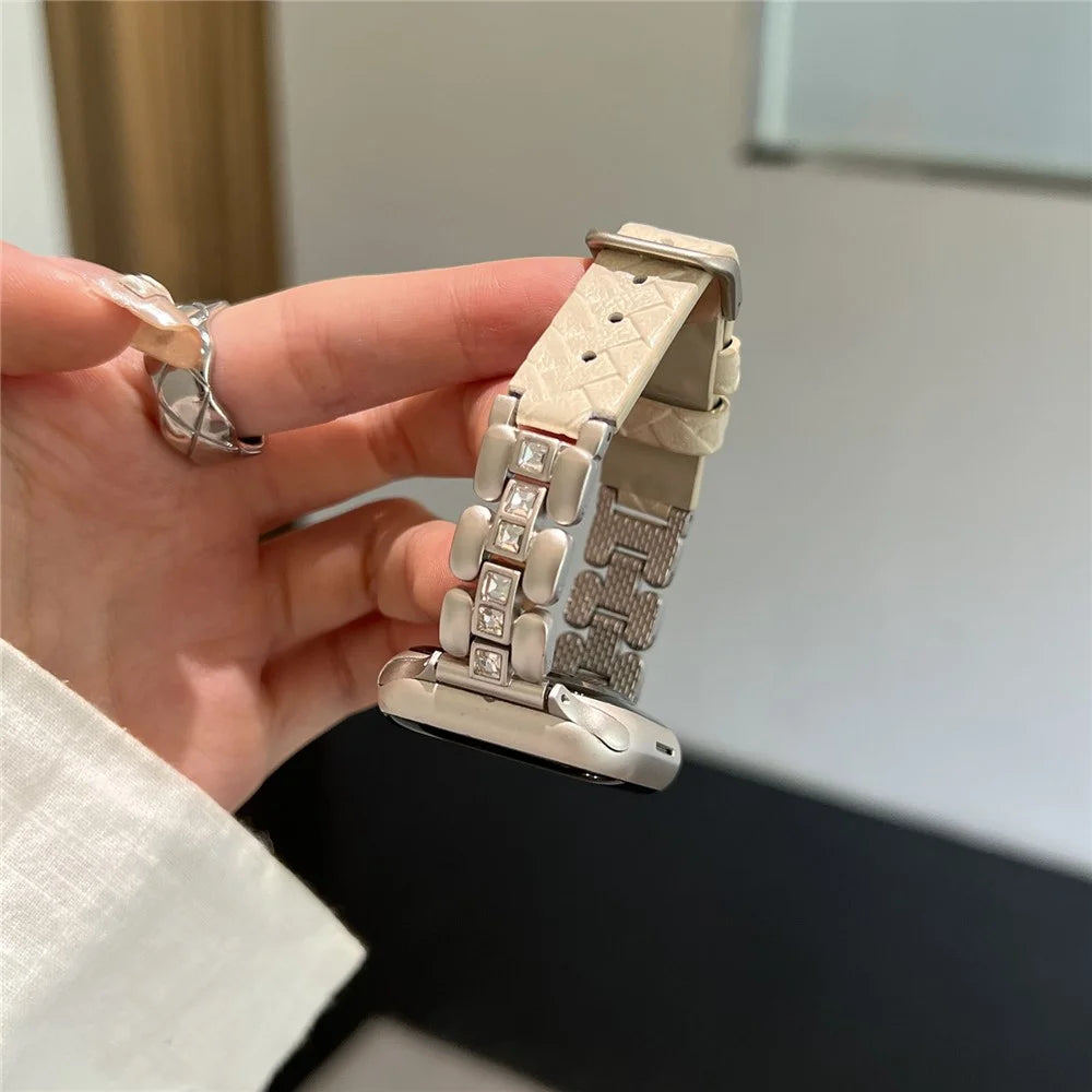 Genuine Cow Leather Strap for Apple Watch Series 11 10 42mm  /  9 8 7 41mm  /  SE3 SE2 SE 6 5 4 40mm  /  3 2 1 38mm Watch Band with Square Rhinestones - Starlight - 4
