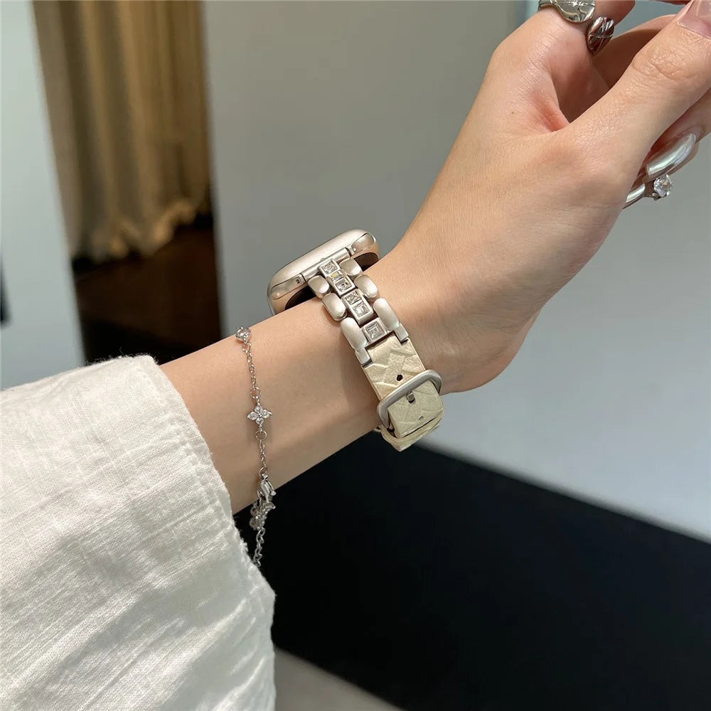Genuine Cow Leather Strap for Apple Watch Series 11 10 42mm  /  9 8 7 41mm  /  SE3 SE2 SE 6 5 4 40mm  /  3 2 1 38mm Watch Band with Square Rhinestones - Starlight - 7