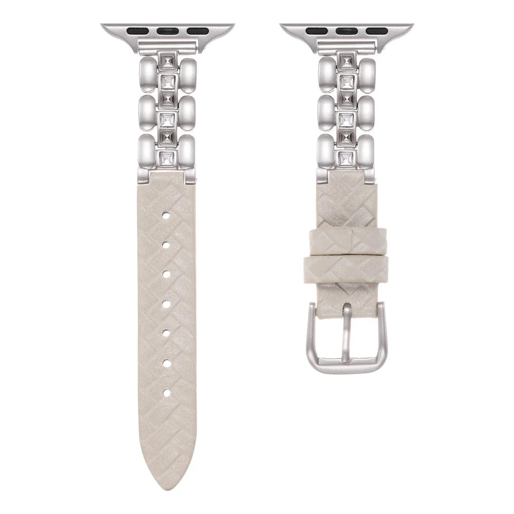 Genuine Cow Leather Strap for Apple Watch Ultra 3 2 1 49mm  /  Series 11 10 46mm  /  9 8 7 45mm  /  SE3 SE2 SE 6 5 4 44mm  /  3 2 1 42mm Watch Band with Square Rhinestones - Starlight - 1