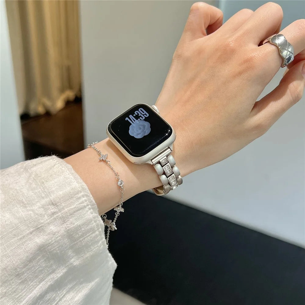 Genuine Cow Leather Strap for Apple Watch Ultra 3 2 1 49mm  /  Series 11 10 46mm  /  9 8 7 45mm  /  SE3 SE2 SE 6 5 4 44mm  /  3 2 1 42mm Watch Band with Square Rhinestones - Starlight - 5