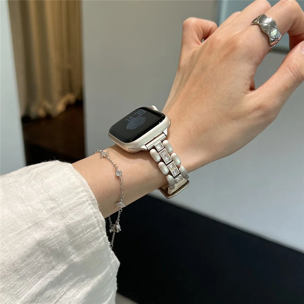 Genuine Cow Leather Strap for Apple Watch Ultra 3 2 1 49mm  /  Series 11 10 46mm  /  9 8 7 45mm  /  SE3 SE2 SE 6 5 4 44mm  /  3 2 1 42mm Watch Band with Square Rhinestones - Starlight - 6