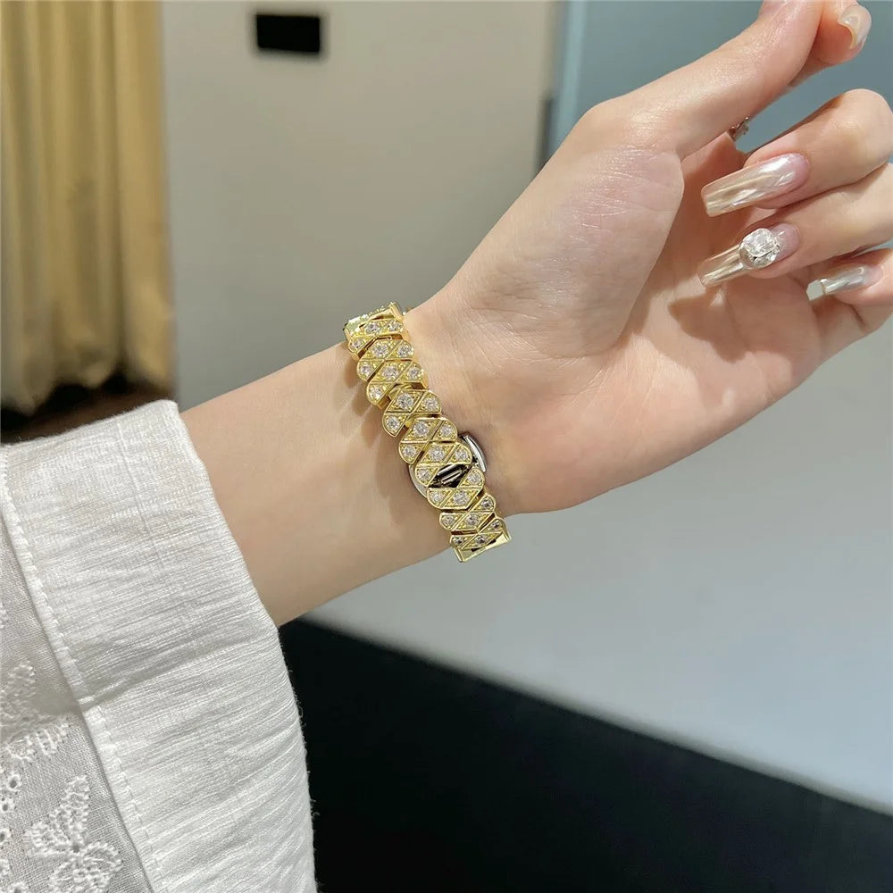 Strap for Apple Watch Series 11 10 42mm  /  9 8 7 41mm  /  SE3 SE2 SE 6 5 4 40mm  /  3 2 1 38mm Full Zircon Decor Watch Band with Butterfly Buckle - Gold - 4