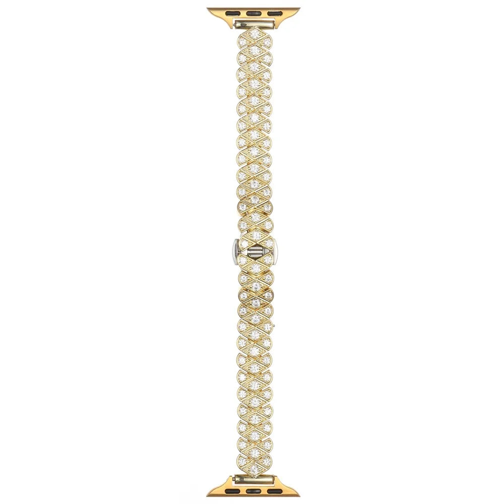 Strap for Apple Watch Ultra 3 2 1 49mm  /  Series 11 10 46mm  /  9 8 7 45mm  /  SE3 SE2 SE 6 5 4 44mm  /  3 2 1 42mm Full Zircon Decor Watch Band with Butterfly Buckle - Gold - 1