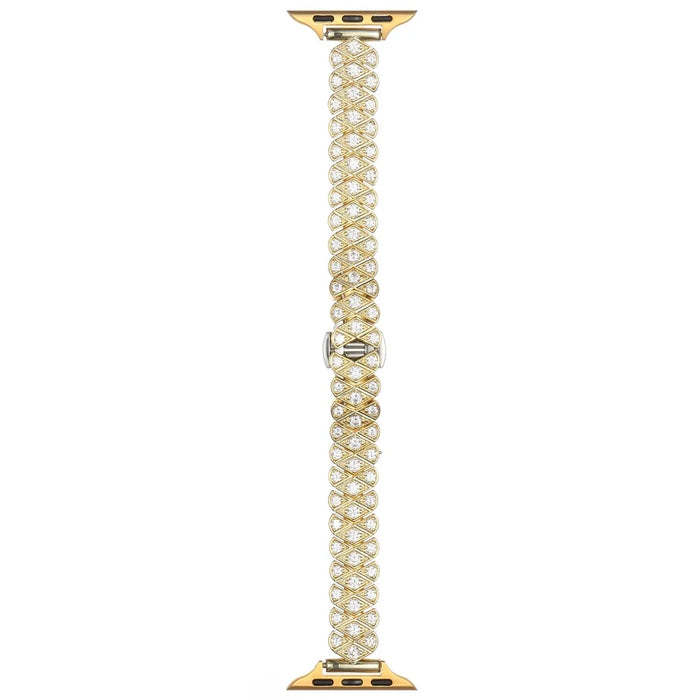 Strap for Apple Watch Ultra 3 2 1 49mm  /  Series 11 10 46mm  /  9 8 7 45mm  /  SE3 SE2 SE 6 5 4 44mm  /  3 2 1 42mm Full Zircon Decor Watch Band with Butterfly Buckle - Gold - 1