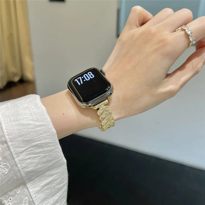 Strap for Apple Watch Ultra 3 2 1 49mm  /  Series 11 10 46mm  /  9 8 7 45mm  /  SE3 SE2 SE 6 5 4 44mm  /  3 2 1 42mm Full Zircon Decor Watch Band with Butterfly Buckle - Gold - 3