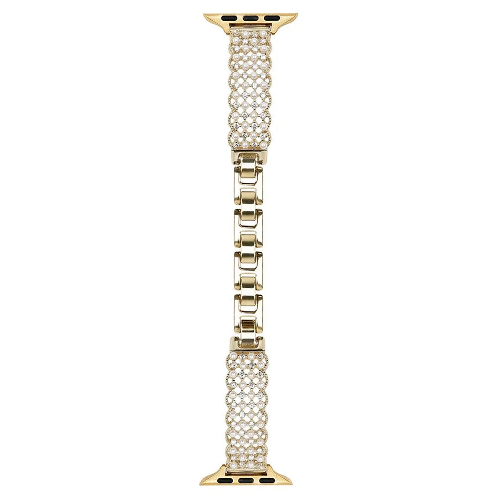 Metal Strap for Apple Watch Series 11 10 42mm  /  9 8 7 41mm  /  SE3 SE2 SE 6 5 4 40mm  /  3 2 1 38mm Bracelet Wristband with Faux Pearl Rhinestone Decor - Gold - 1
