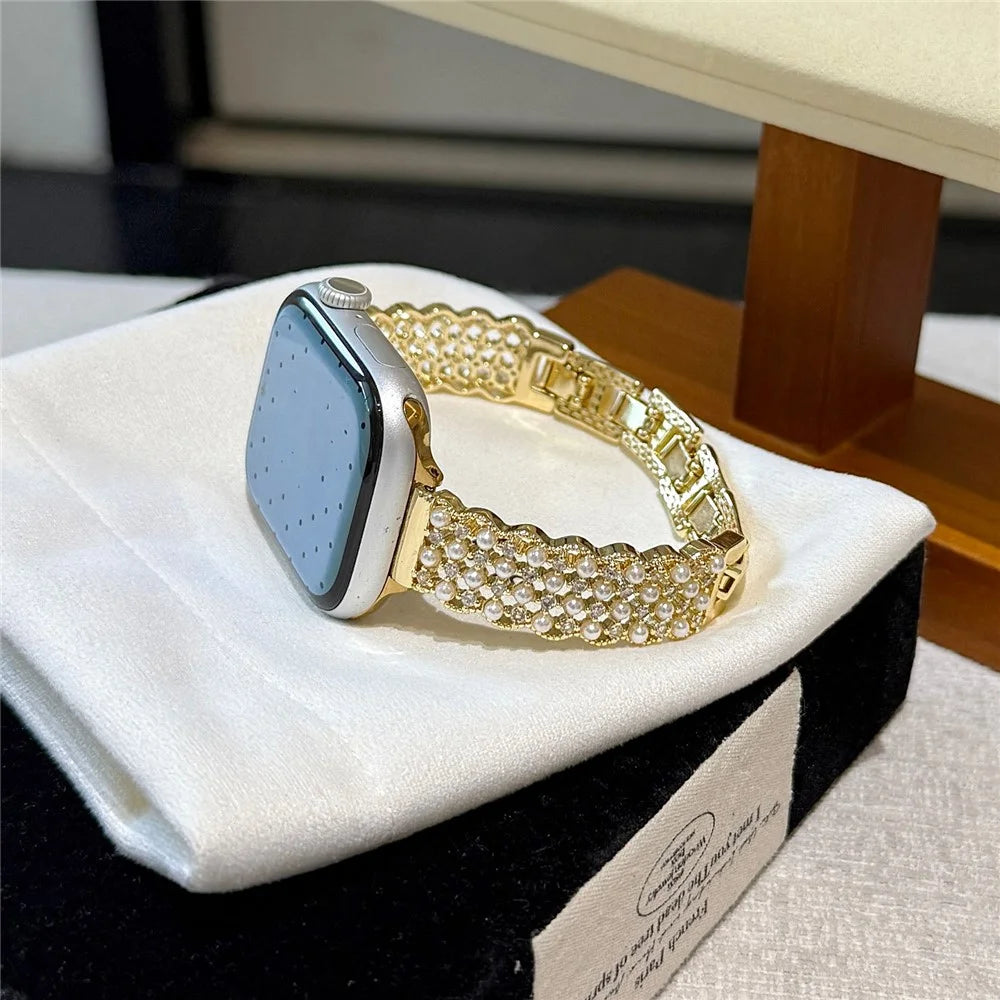 Metal Strap for Apple Watch Series 11 10 42mm  /  9 8 7 41mm  /  SE3 SE2 SE 6 5 4 40mm  /  3 2 1 38mm Bracelet Wristband with Faux Pearl Rhinestone Decor - Gold - 4