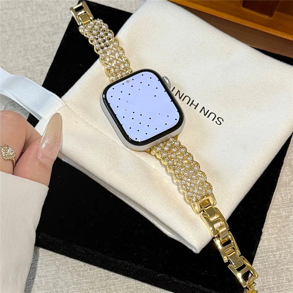 Metal Strap for Apple Watch Series 11 10 42mm  /  9 8 7 41mm  /  SE3 SE2 SE 6 5 4 40mm  /  3 2 1 38mm Bracelet Wristband with Faux Pearl Rhinestone Decor - Gold - 5