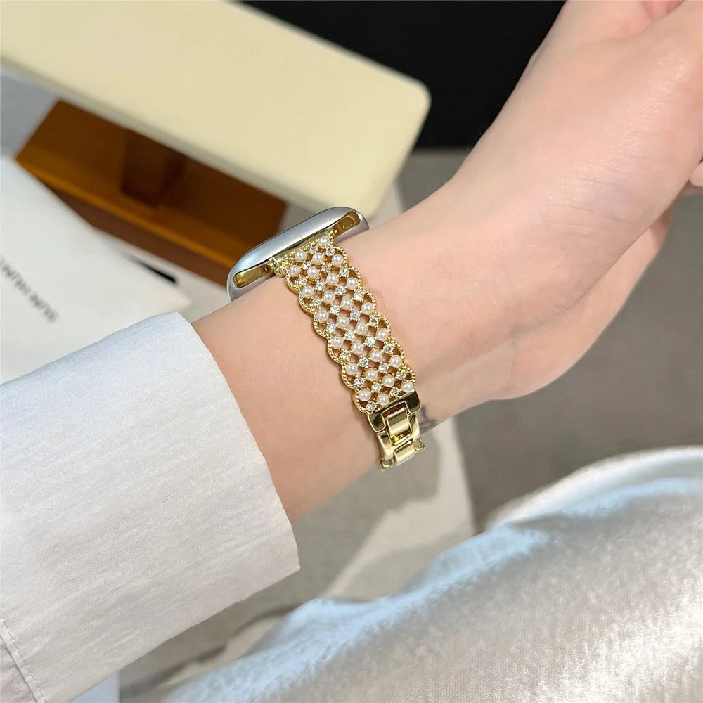 Metal Strap for Apple Watch Series 11 10 42mm  /  9 8 7 41mm  /  SE3 SE2 SE 6 5 4 40mm  /  3 2 1 38mm Bracelet Wristband with Faux Pearl Rhinestone Decor - Gold - 7