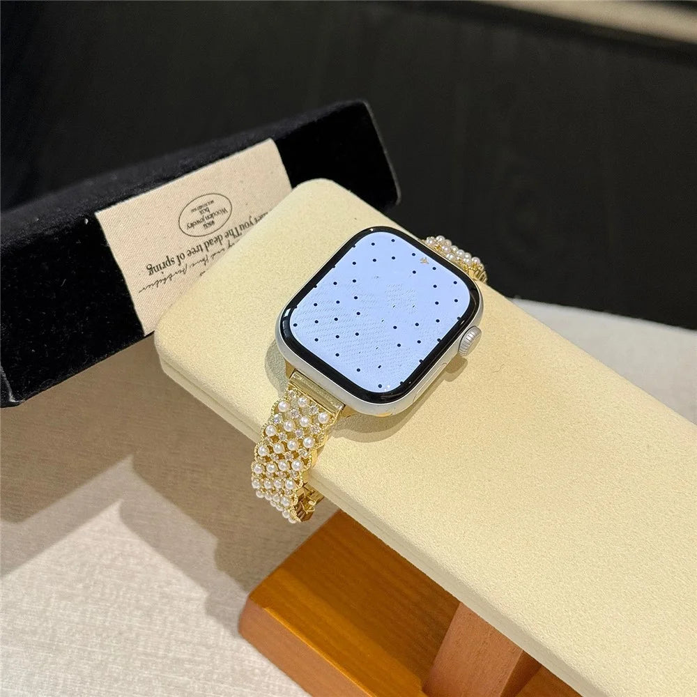 Metal Strap for Apple Watch Ultra 3 2 1 49mm  /  Series 11 10 46mm  /  9 8 7 45mm  /  SE3 SE2 SE 6 5 4 44mm  /  3 2 1 42mm Bracelet Wristband with Faux Pearl Rhinestone Decor - Gold - 3