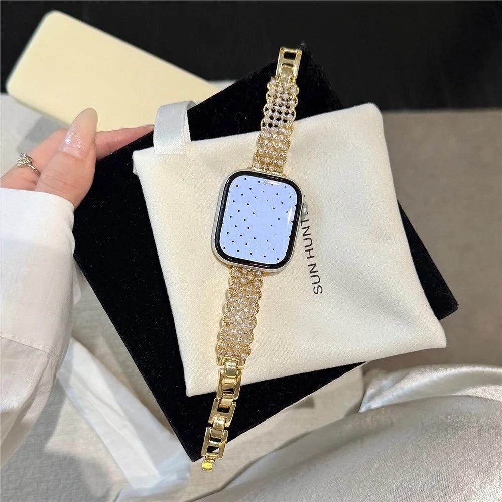 Metal Strap for Apple Watch Ultra 3 2 1 49mm  /  Series 11 10 46mm  /  9 8 7 45mm  /  SE3 SE2 SE 6 5 4 44mm  /  3 2 1 42mm Bracelet Wristband with Faux Pearl Rhinestone Decor - Gold - 6