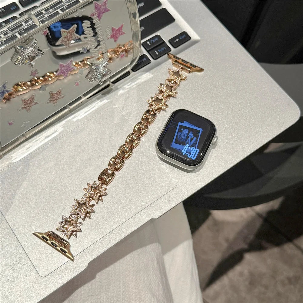 Strap for Apple Watch Series 11 10 42mm  /  9 8 7 41mm  /  SE3 SE2 SE 6 5 4 40mm  /  3 2 1 38mm Rhinestone Star Design Chain Wristband - Rose Gold - 3