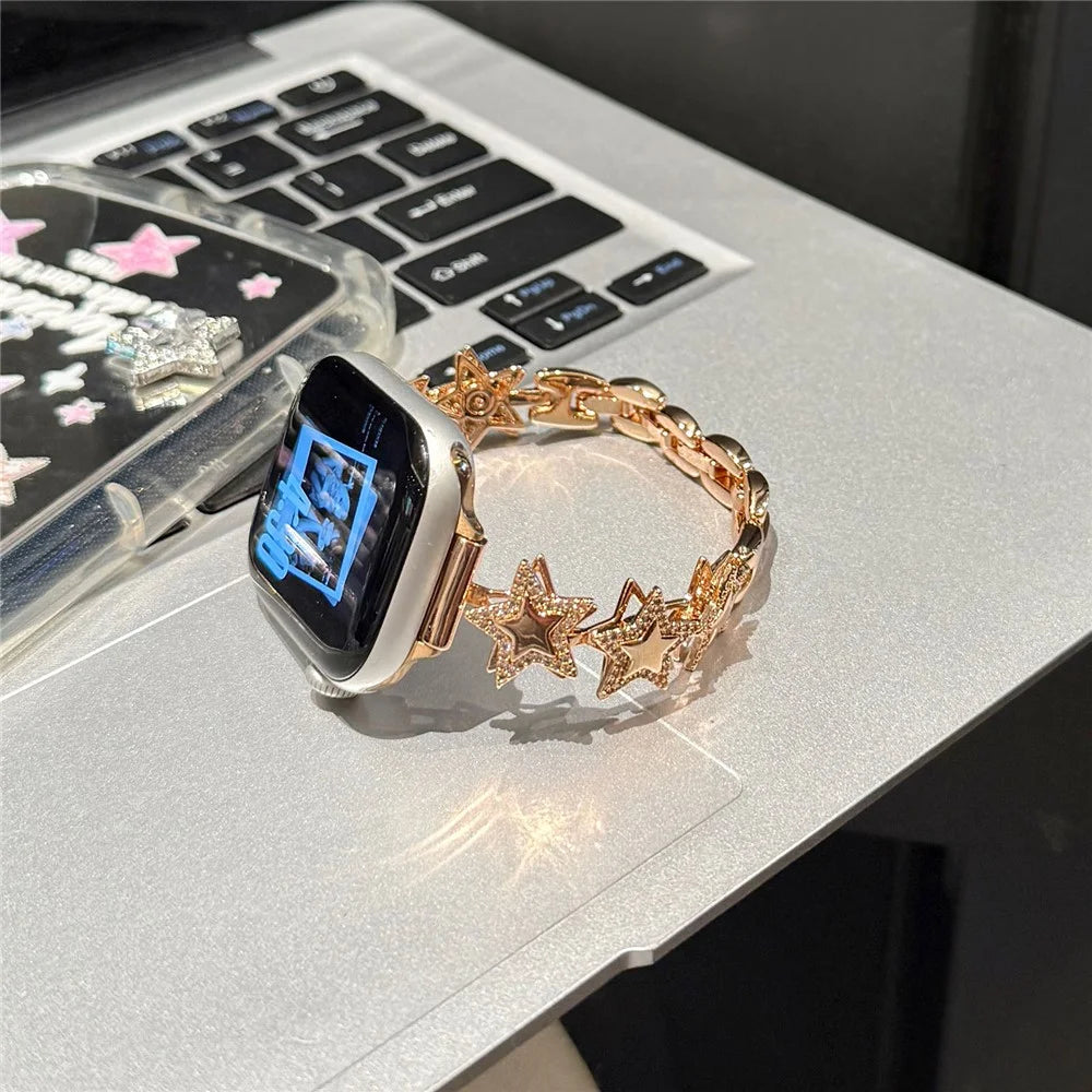 Strap for Apple Watch Ultra 3 2 1 49mm  /  Series 11 10 46mm  /  9 8 7 45mm  /  SE3 SE2 SE 6 5 4 44mm  /  3 2 1 42mm Rhinestone Star Design Chain Wristband - Rose Gold - 4