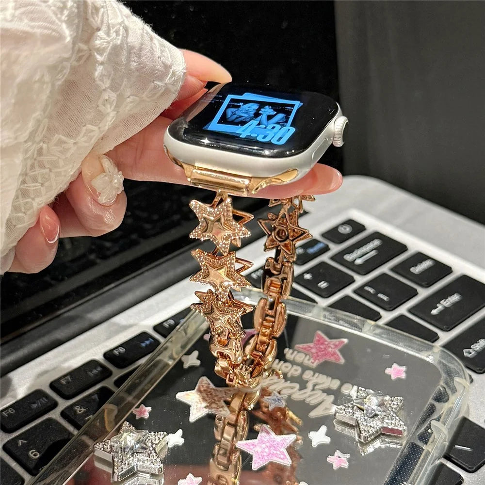 Strap for Apple Watch Ultra 3 2 1 49mm  /  Series 11 10 46mm  /  9 8 7 45mm  /  SE3 SE2 SE 6 5 4 44mm  /  3 2 1 42mm Rhinestone Star Design Chain Wristband - Rose Gold - 5