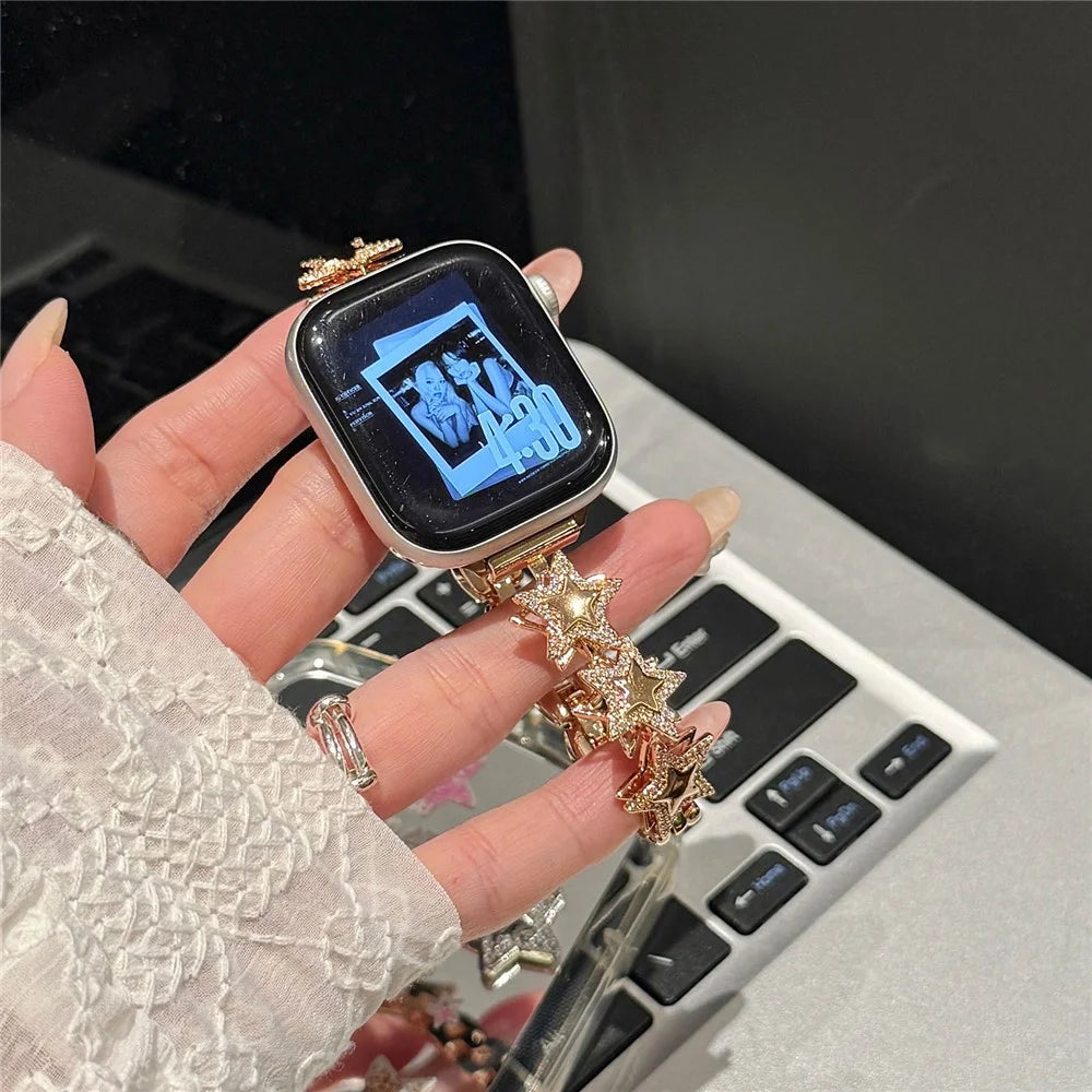 Strap for Apple Watch Ultra 3 2 1 49mm  /  Series 11 10 46mm  /  9 8 7 45mm  /  SE3 SE2 SE 6 5 4 44mm  /  3 2 1 42mm Rhinestone Star Design Chain Wristband - Rose Gold - 6