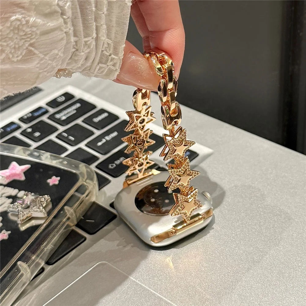 Strap for Apple Watch Ultra 3 2 1 49mm  /  Series 11 10 46mm  /  9 8 7 45mm  /  SE3 SE2 SE 6 5 4 44mm  /  3 2 1 42mm Rhinestone Star Design Chain Wristband - Rose Gold - 7