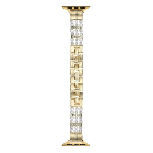 Strap for Apple Watch Series 11 10 42mm  /  9 8 7 41mm  /  SE3 SE2 SE 6 5 4 40mm  /  3 2 1 38mm Faux Pearl Rhinestone Decor Metal Chain Band - Gold - 1