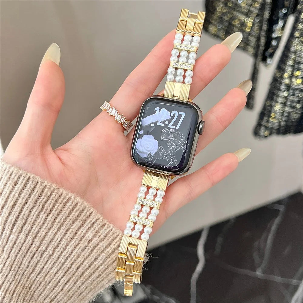 Strap for Apple Watch Series 11 10 42mm  /  9 8 7 41mm  /  SE3 SE2 SE 6 5 4 40mm  /  3 2 1 38mm Faux Pearl Rhinestone Decor Metal Chain Band - Gold - 3