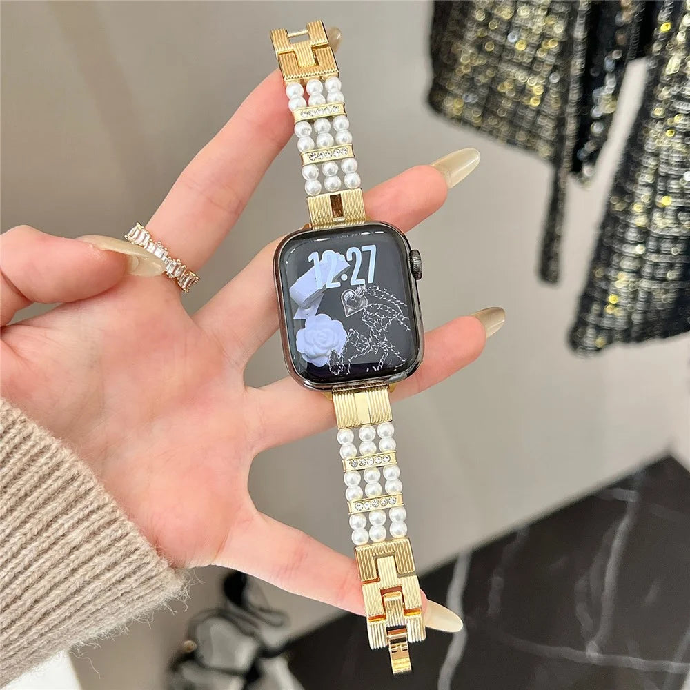 Strap for Apple Watch Series 11 10 42mm  /  9 8 7 41mm  /  SE3 SE2 SE 6 5 4 40mm  /  3 2 1 38mm Faux Pearl Rhinestone Decor Metal Chain Band - Gold - 4