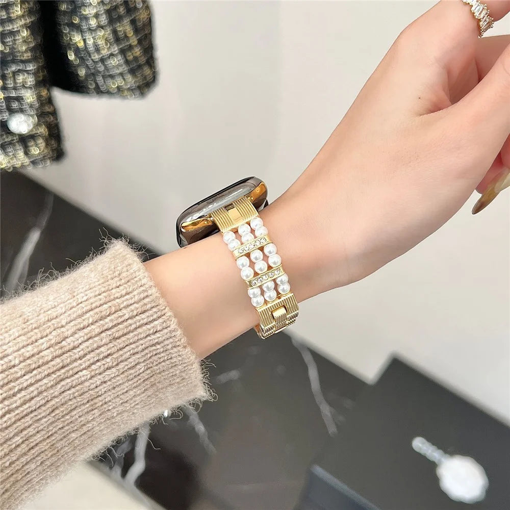 Strap for Apple Watch Series 11 10 42mm  /  9 8 7 41mm  /  SE3 SE2 SE 6 5 4 40mm  /  3 2 1 38mm Faux Pearl Rhinestone Decor Metal Chain Band - Gold - 5