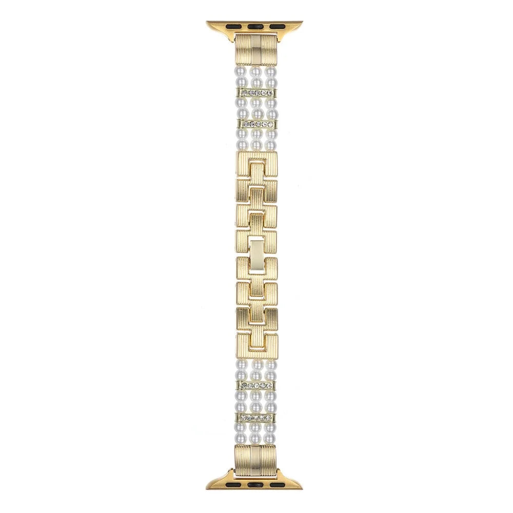Strap for Apple Watch Ultra 3 2 1 49mm  /  Series 11 10 46mm  /  9 8 7 45mm  /  SE3 SE2 SE 6 5 4 44mm  /  3 2 1 42mm Faux Pearl Rhinestone Decor Metal Chain Band - Gold - 1