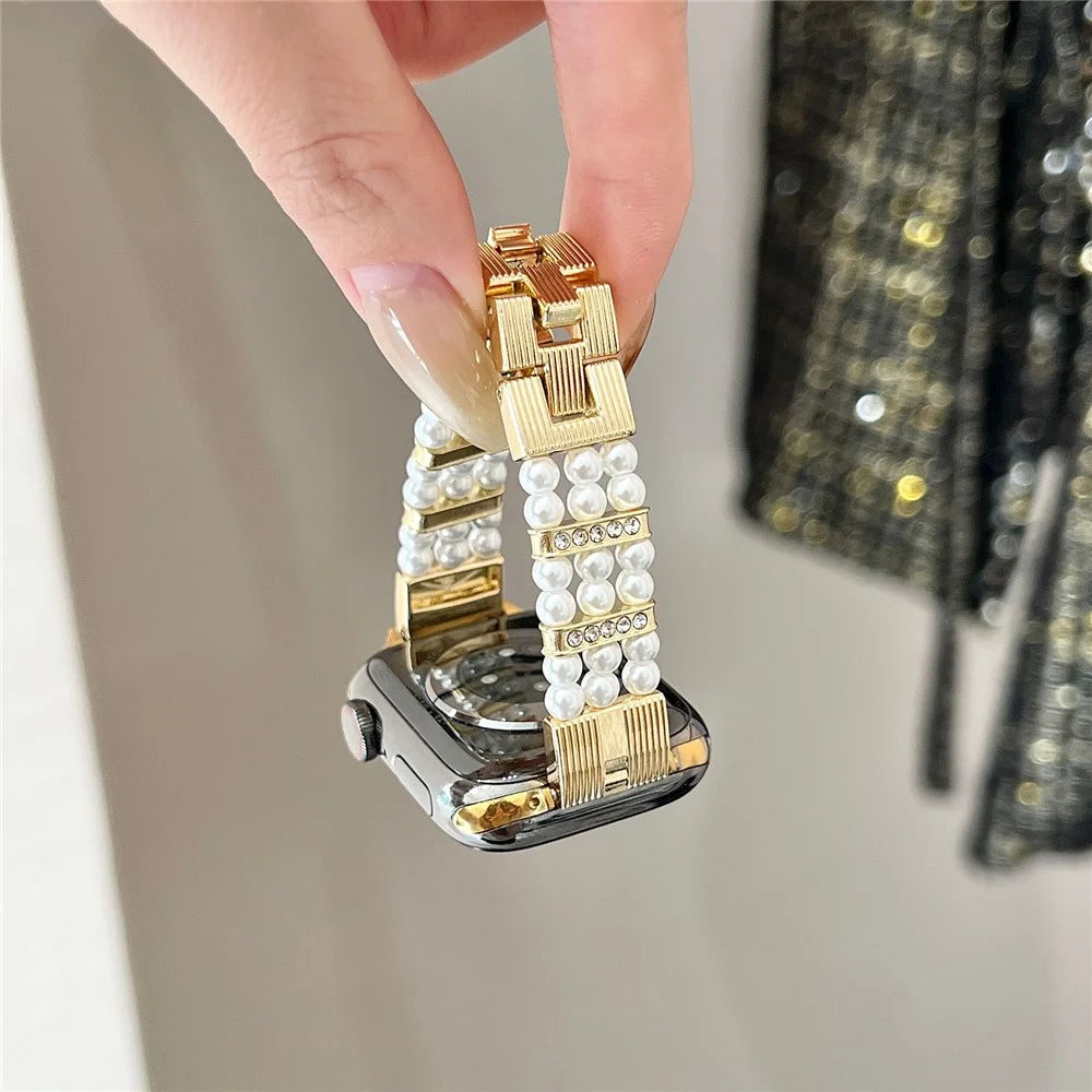 Strap for Apple Watch Ultra 3 2 1 49mm  /  Series 11 10 46mm  /  9 8 7 45mm  /  SE3 SE2 SE 6 5 4 44mm  /  3 2 1 42mm Faux Pearl Rhinestone Decor Metal Chain Band - Gold - 2