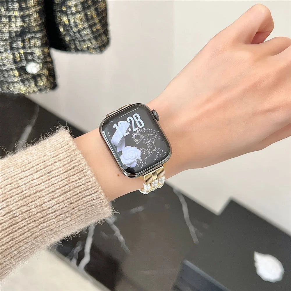 Strap for Apple Watch Ultra 3 2 1 49mm  /  Series 11 10 46mm  /  9 8 7 45mm  /  SE3 SE2 SE 6 5 4 44mm  /  3 2 1 42mm Faux Pearl Rhinestone Decor Metal Chain Band - Gold - 6