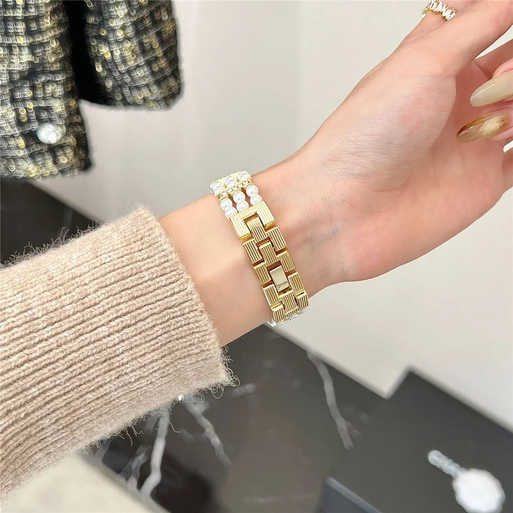 Strap for Apple Watch Ultra 3 2 1 49mm  /  Series 11 10 46mm  /  9 8 7 45mm  /  SE3 SE2 SE 6 5 4 44mm  /  3 2 1 42mm Faux Pearl Rhinestone Decor Metal Chain Band - Gold - 7