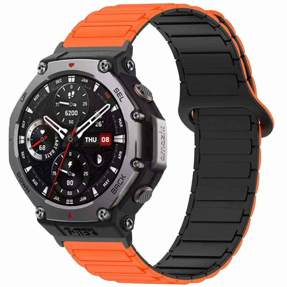 Magnetic Silicone Strap for Huami Amazfit T-Rex 3 Watch Band Replacement Wristband with PC Connector - Orange+Black - 2