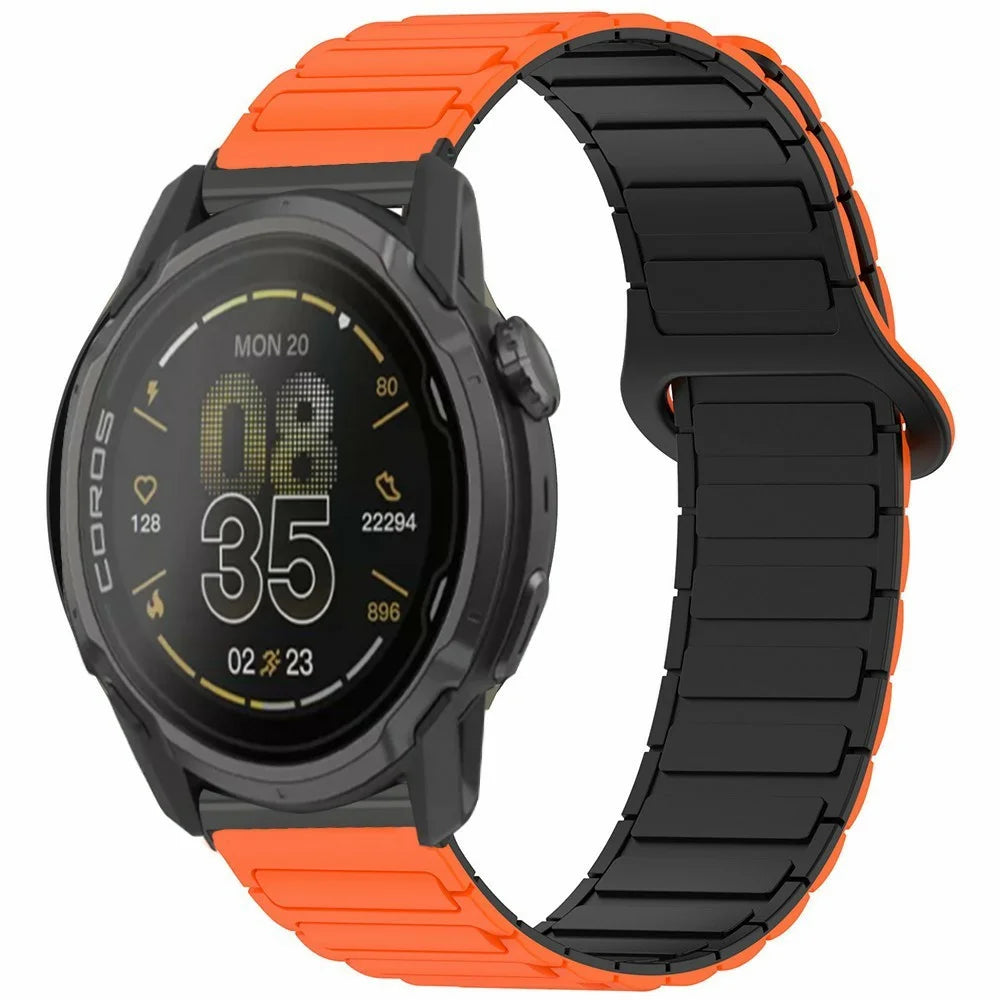 Silicone Watch Band for Coros Nomad / Apex 4 46mm / Suunto 9 , 24mm Magnetic Sports Strap Adjustable Wristband - Orange+Black - 2