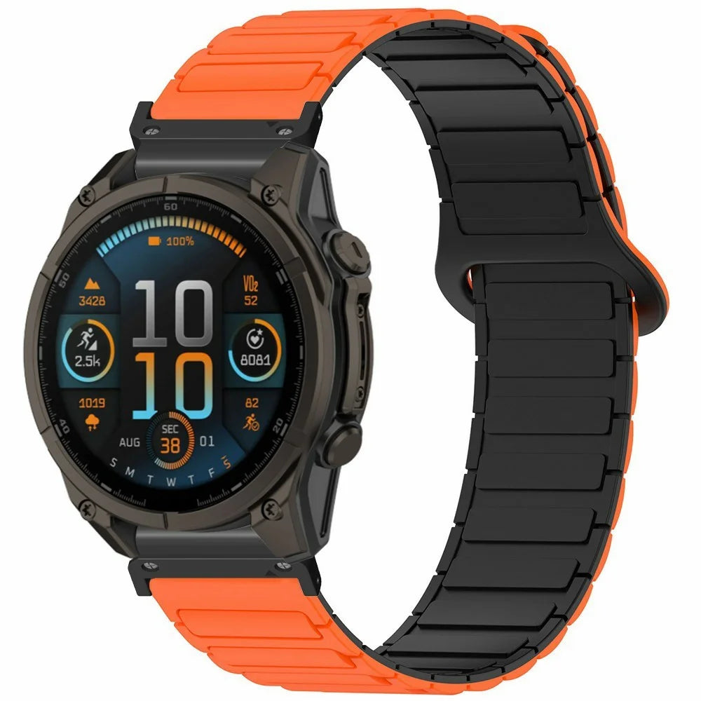 Silicone Strap for Garmin Fenix 8 47mm / 7 / 6 / 5 , 22mm Magnetic Watch Band Replacement Wristband - Orange+Black - 2