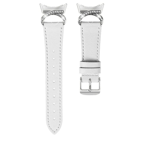 Genuine Cow Leather Strap for Google Pixel Watch 4 41mm / Watch 3 41mm / Watch 2 / Watch , Rhinestone Connector Band with Silver Buckle - White - 1