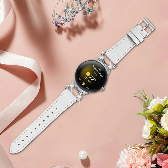 Genuine Cow Leather Strap for Google Pixel Watch 4 41mm / Watch 3 41mm / Watch 2 / Watch , Rhinestone Connector Band with Silver Buckle - White - 5