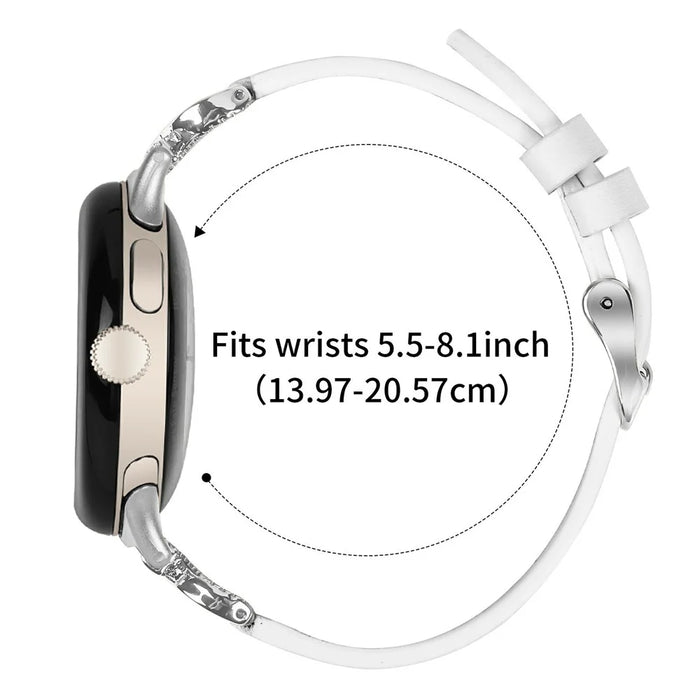 Genuine Cow Leather Strap for Google Pixel Watch 4 41mm / Watch 3 41mm / Watch 2 / Watch , Rhinestone Connector Band with Silver Buckle - White - 6