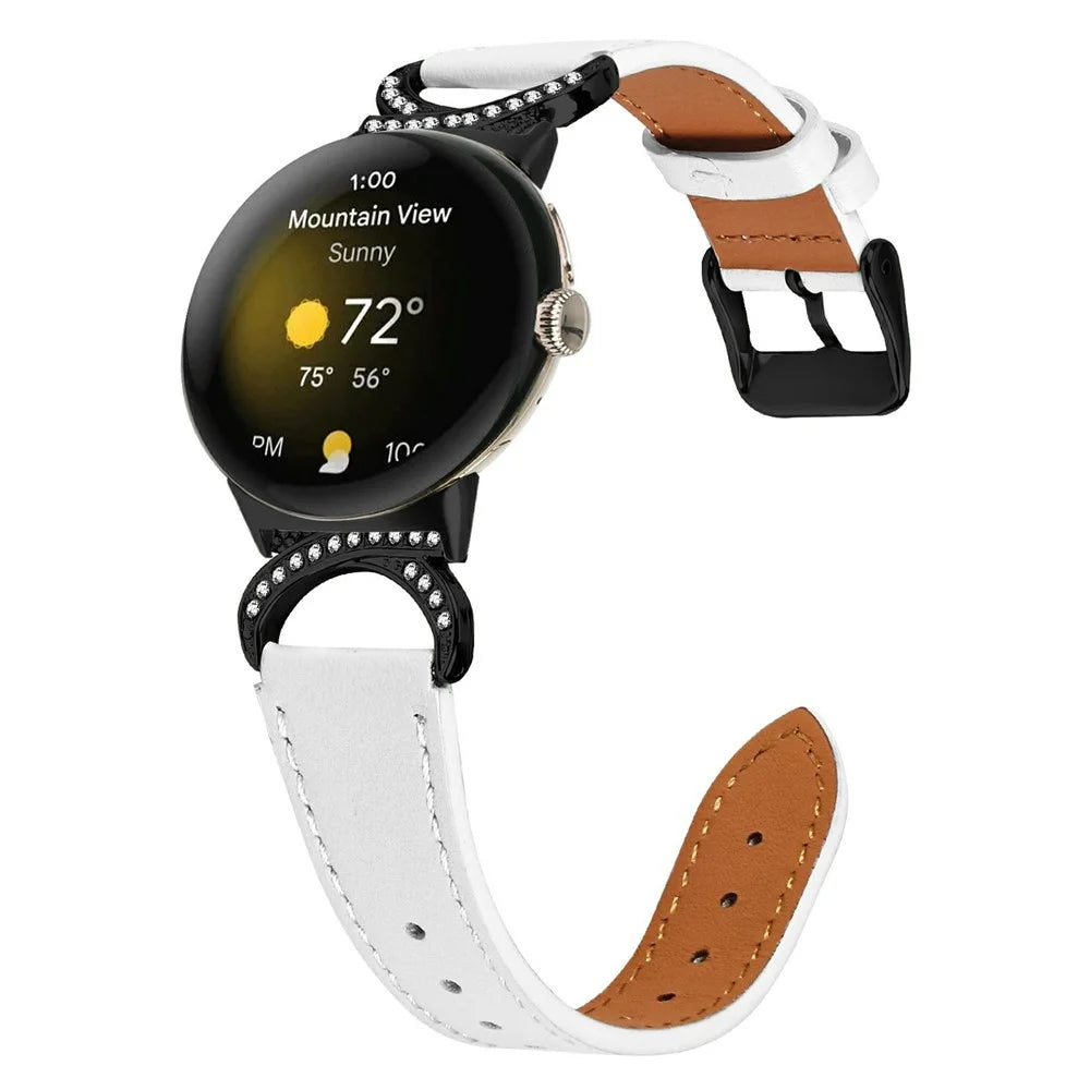 Genuine Cow Leather Strap with Black Buckle for Google Pixel Watch 4 41mm / Watch 3 41mm / Watch 2 / Watch , Rhinestone Connector Watch Band - White - 2
