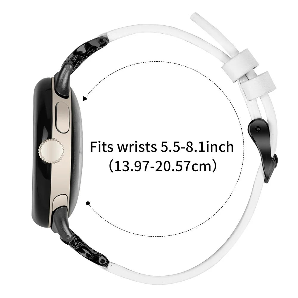 Genuine Cow Leather Strap with Black Buckle for Google Pixel Watch 4 41mm / Watch 3 41mm / Watch 2 / Watch , Rhinestone Connector Watch Band - White - 6
