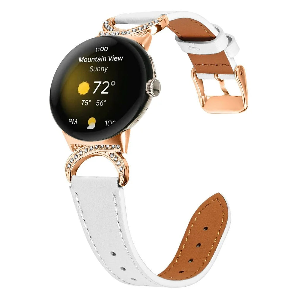 Genuine Cow Leather Strap with Rose Gold Buckle for Google Pixel Watch 4 41mm / Watch 3 41mm / Watch 2 / Watch , Rhinestone Connector Watch Band - White - 2